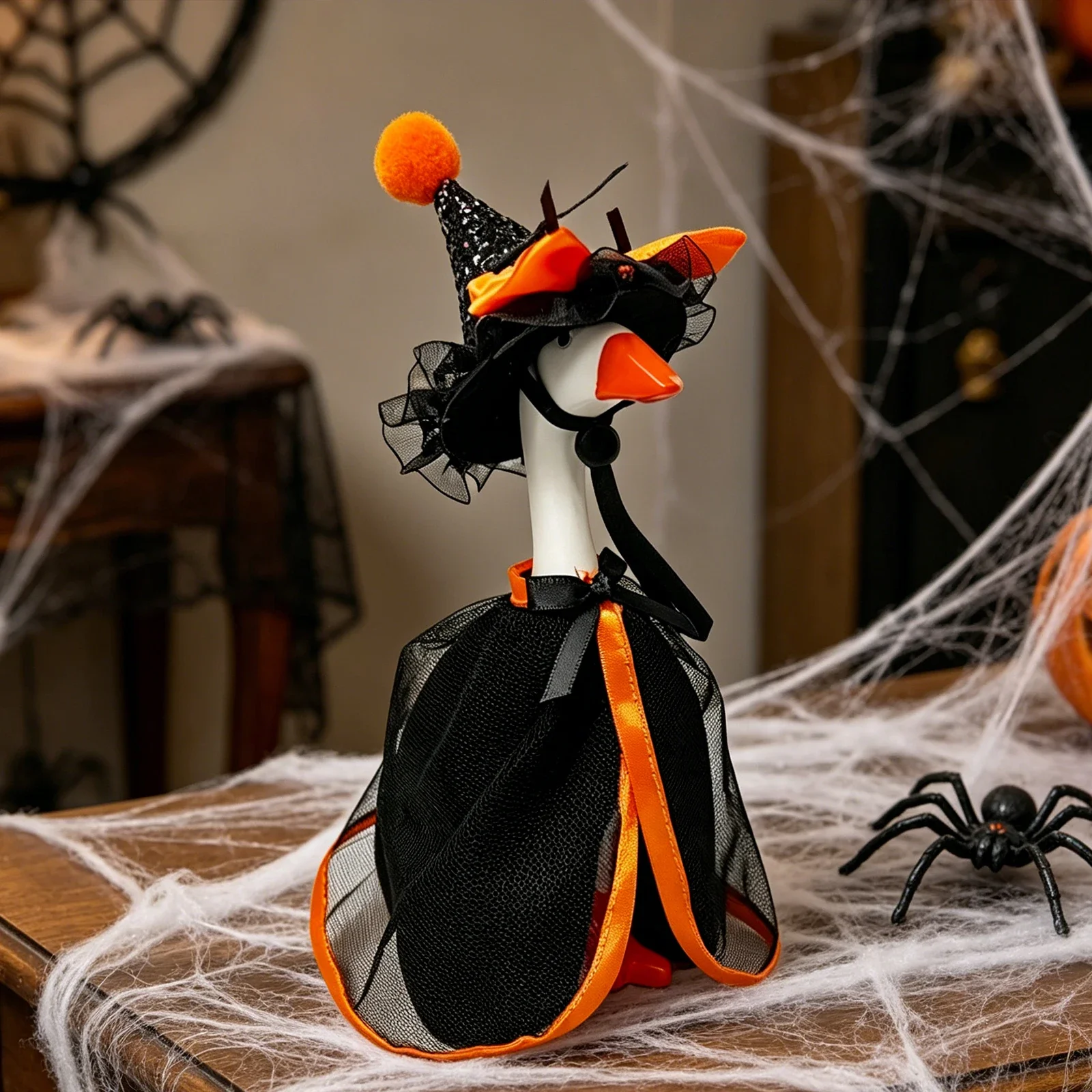 Matcha - Halloween-Schreibtisch-Gänse-Outfit für 7-Zoll-Mini-Gänsestatue mit spitzem Hut